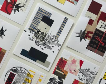 Mixed Media Japan Travel Collage Greeting Cards With Hand-Carved Stamp Details, One-of-a-Kind