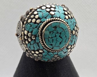 Vintage Tibetan Turquoise Ring, Large Nepalese Silver Statement Ring, Natural Stone Mosaic Inlay