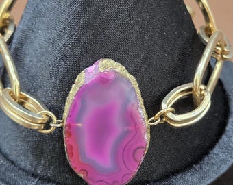 Pulsera de rodajas de ágata rosa, cadena chapada en oro, cristales drusa