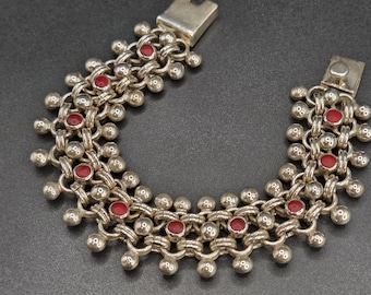 Vintage 925 Sterling Silver Carnelian  Bracelet 75g Heavy Book Chain Statement Signed Designer Jewelry