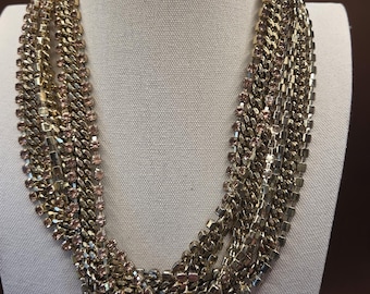 Vintage 1980s Multi Strand Chain Necklace Gold Tone Chunky Statement Rhinestone Jewelry Glam
