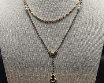 Vintage Gold Tone Layered Pearl Tassel Lariat Y Necklace Victorian Revival Elegant