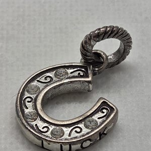 May include: A silver horseshoe charm with the word "LUCK" engraved on the bottom. The charm is adorned with clear crystals and decorative swirls. The top loop is twisted for attaching to a necklace or bracelet.