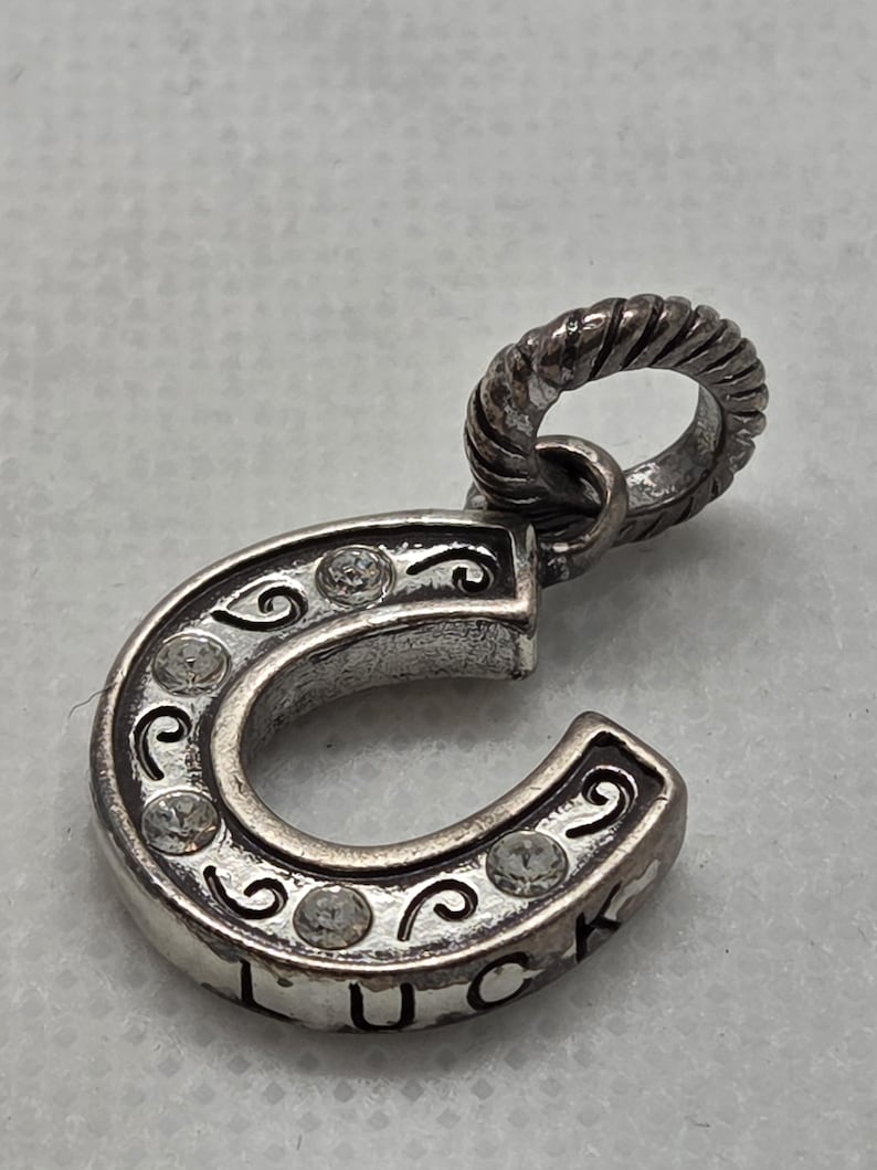 May include: A silver horseshoe charm with the word "LUCK" engraved on the bottom. The charm is adorned with clear crystals and decorative swirls. The top loop is twisted for attaching to a necklace or bracelet.
