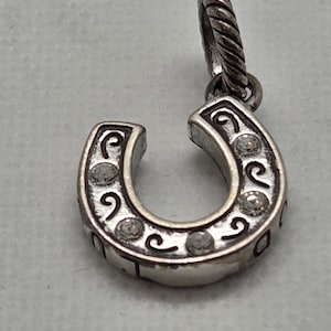 May include: Silver-toned horseshoe charm with clear crystal accents. The horseshoe is detailed with scrollwork and small, round crystals. The charm has a twisted bail for attaching to a necklace or bracelet. The horseshoe is a symbol of good luck.