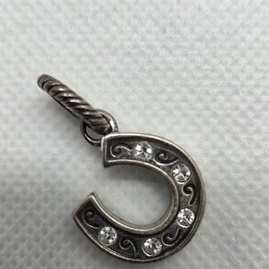 May include: Silver-toned horseshoe charm with clear crystal accents. The horseshoe is adorned with decorative swirls and five round crystals. The charm has a twisted loop for attachment to a necklace or bracelet.