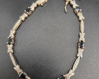 925 Sterling Silver Sapphire Bracelet Vintage X Link Design 7.25" Estate Jewelry