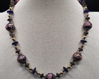 Vintage 1930s Murano Wedding Cake Glass Necklace Cobalt Blue Pink Gold Italian Venetian Beaded