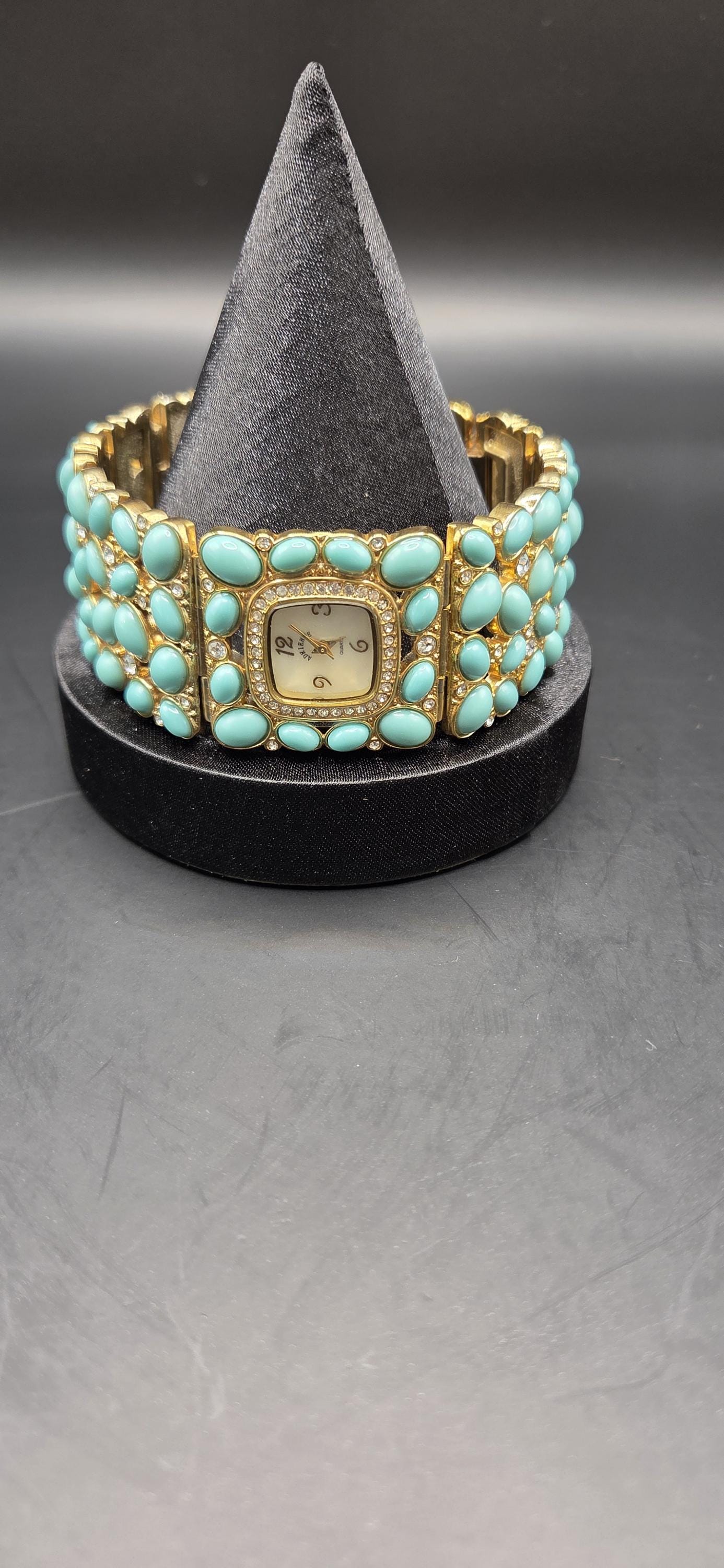 Vintage Adrienne Turquoise Watch: Gold Bracelet, Pearl Face  display picture 1