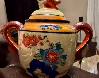 Rare: Vintage 1930's Hand Painted Japanese Sugar Bowl with a Dragon-Shaped Lid
