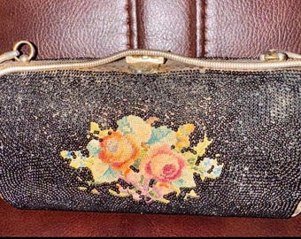 Vintage 1940s Petite Point Floral Beaded and Embroidered Evening Purse