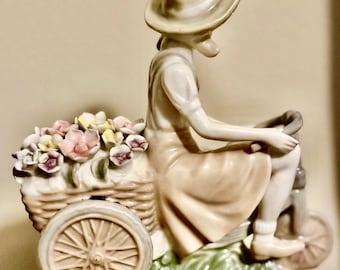 Vintage 1979 Sophia Ann Porcelain Figurine, Girl on Bike with Flower Cart