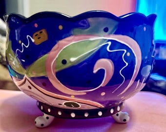 Studio Designworks 3 Footed Bowl Ceramic Polka Dots Swirls Stripes