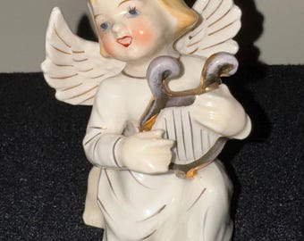 Vintage 1950’s Porcelain Bisque Angel With Harp Figurine White Gold Figure