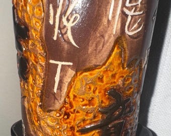 Vintage Carved Etched Chinese Asian Pottery Utensil Crock Holder / Vase 4” Tall