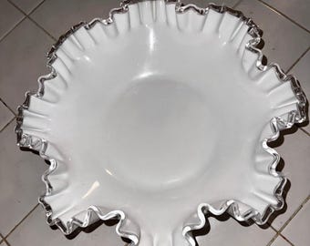 Vintage Fenton Silver Crest Milk Glass Ruffled Bowl - 1960s Decor
