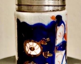 Welsh Gaudy Imari ColorsCobalt Blue Antique PorcelainSalt or Pepper Shaker. Numbered