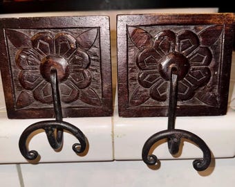 Antique 1900’s Made in India Hand-carved Wooden Wall Hooks with Iron Fittings.