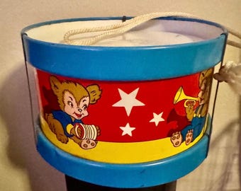 Vtg 1950s Ohio Art Tin Litho Kids Toy Drum Circus Musical Lion Tiger Monkey