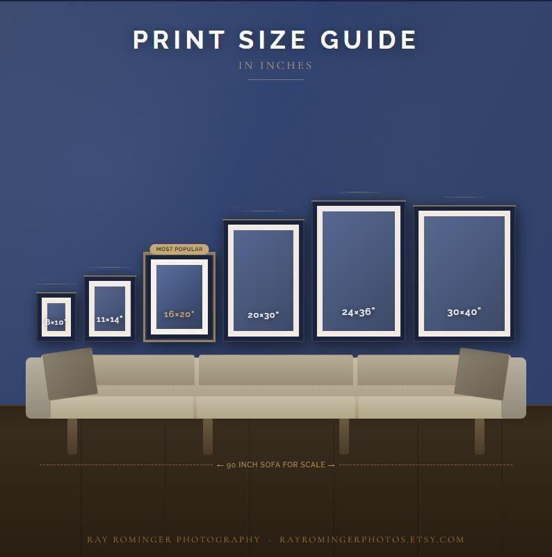 Print Size Guide displaying framed wall art sizes from 8x10 through 30x40 inches on a navy-blue background. The 16x20 size is highlighted as the most popular, with artwork dimensions shown for comparing sizes in living rooms, bedrooms, dining rooms, and gallery walls.