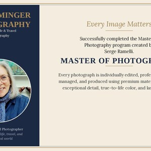 The image is a certificate or award for Ray Rominger Photography, specifically for his Master of Photography program. It features a portrait of a woman and text describing the program and the individual's achievements.