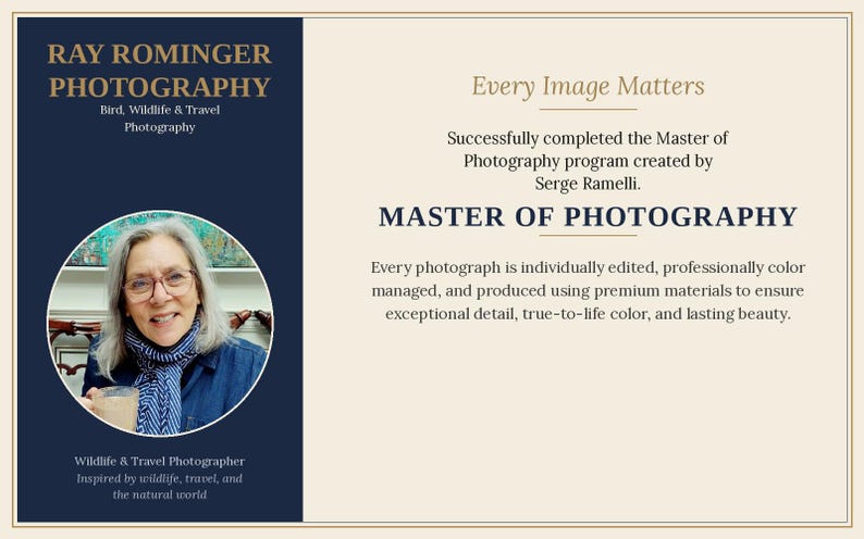 The image is a certificate or award for Ray Rominger Photography, specifically for his Master of Photography program. It features a portrait of a woman and text describing the program and the individual's achievements.