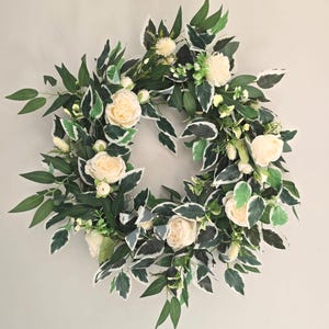 Green and Cream Foliage Wreath – Handmade Front Door Wreath – UV Protected