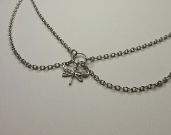 Silver Dragonfly Charm Necklace – Handmade Layered Chain Pendant