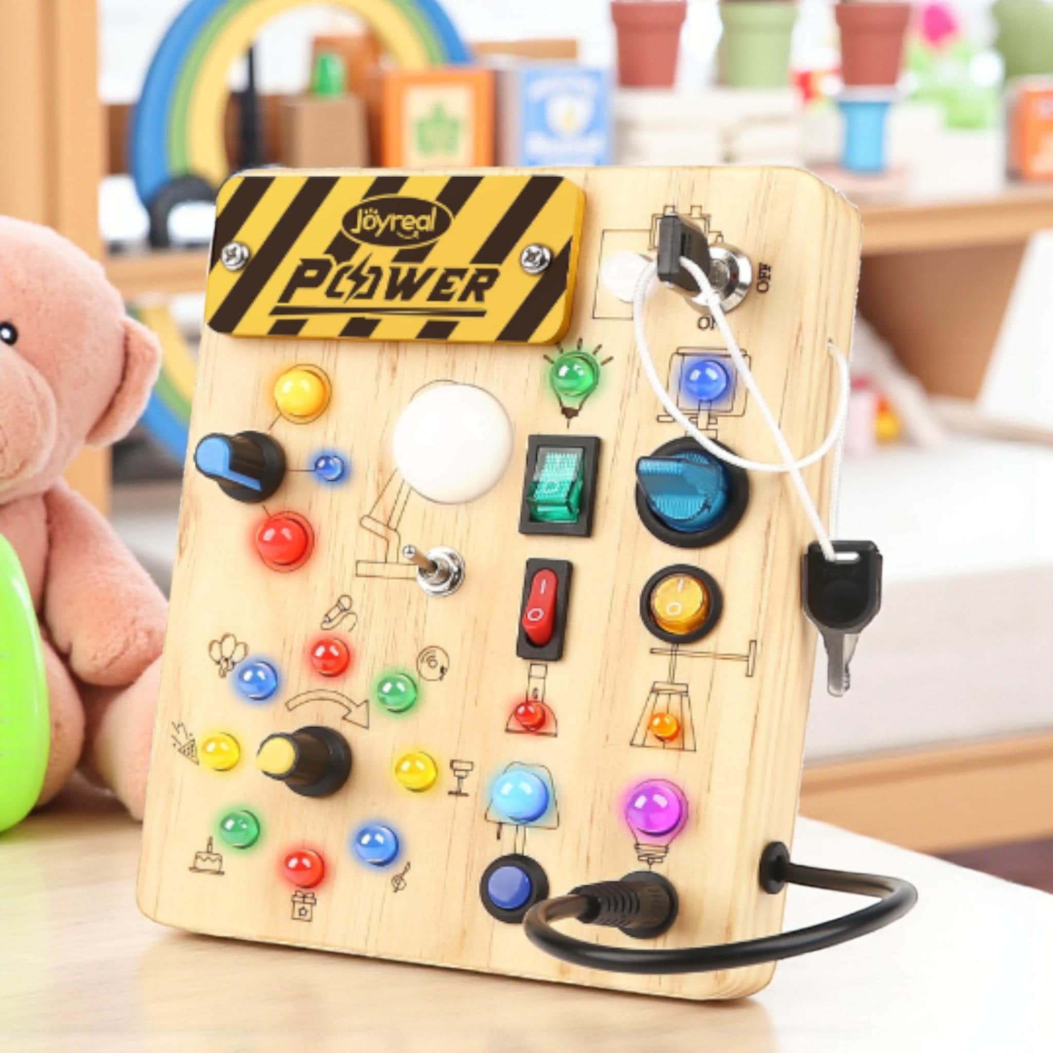 Montessori Busy Board With LED Light Switches - Toddler Sensory Wall Panel Fidget Toy With Plug Wires