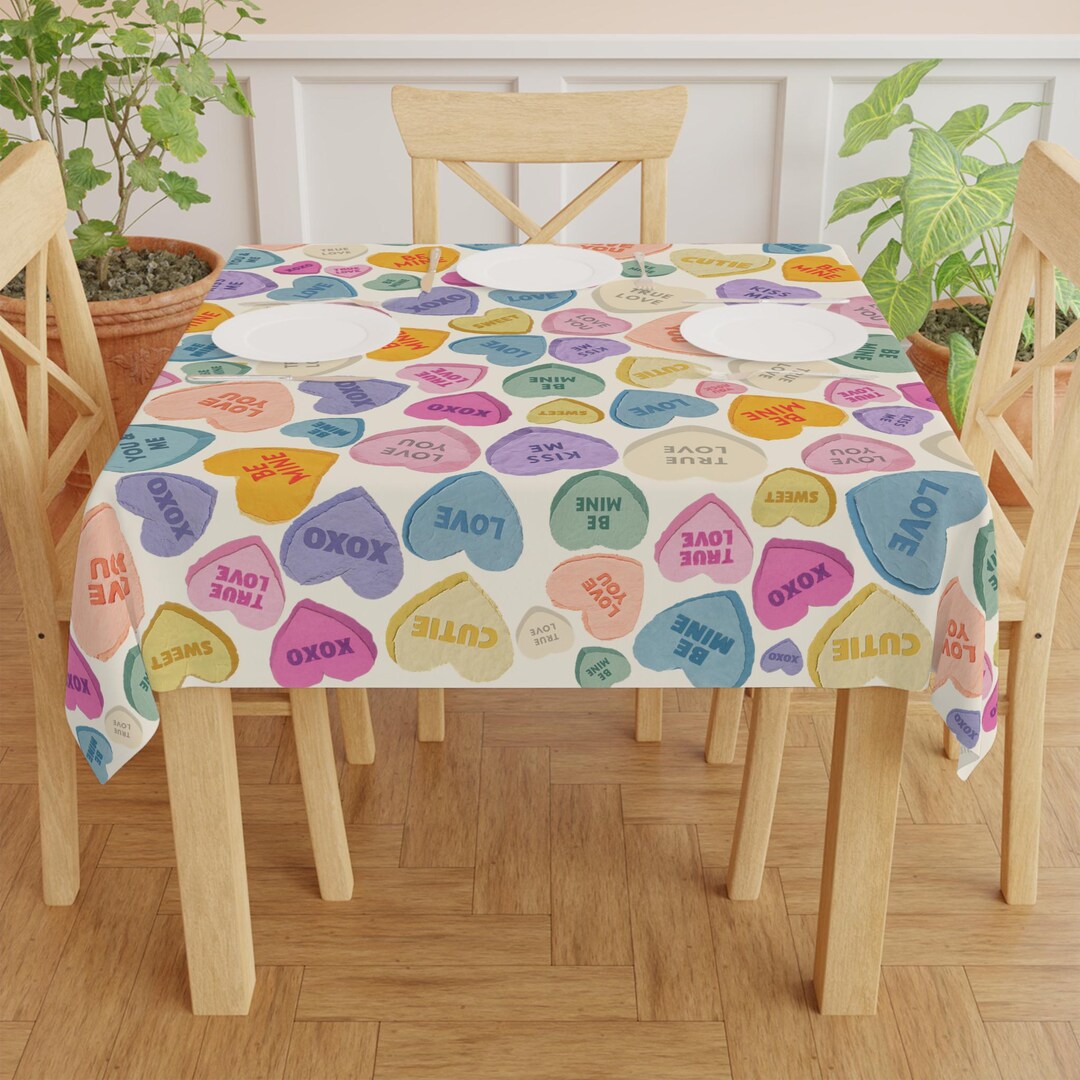 Pastel Candy Hearts Valentine Table Cover, Radial Polyester Square ...