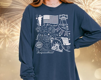 Camiseta de manga larga con el 250 aniversario de EE. UU. y el doodle patriótico: Libertad para todos