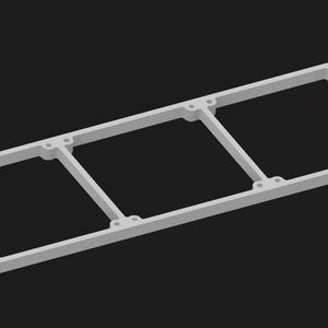 May include: A white rectangular frame featuring three distinct square compartments arranged in a linear row. The structure is composed of thin, flat edges with small, reinforced circular mounting points located at each corner and junction.