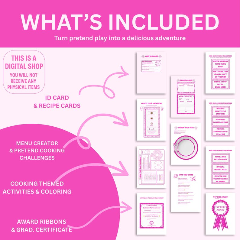 May include: Pink digital download with the text "WHAT'S INCLUDED" and "Turn pretend play into a delicious adventure." Includes an ID card, recipe cards, menu creator, cooking challenges, activities, coloring pages, award ribbons, and a certificate.