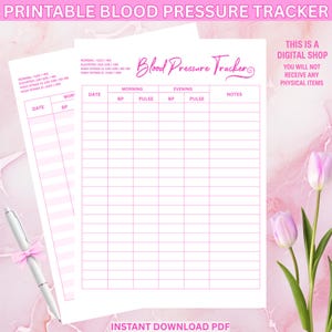 May include: Printable blood pressure tracker with pink text and a marble background. The tracker includes sections for date, morning and evening readings, and notes. Text on the image reads "This is a digital shop, you will not receive any physical items."