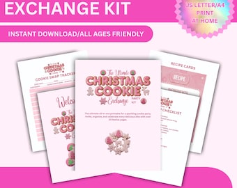 May include: A pink and white Christmas Cookie Exchange Kit with the text "Christmas Cookie Exchange Kit" and "Instant Download/All Ages Friendly". The kit includes printable recipe cards, checklists, and a cookie swap tracker.