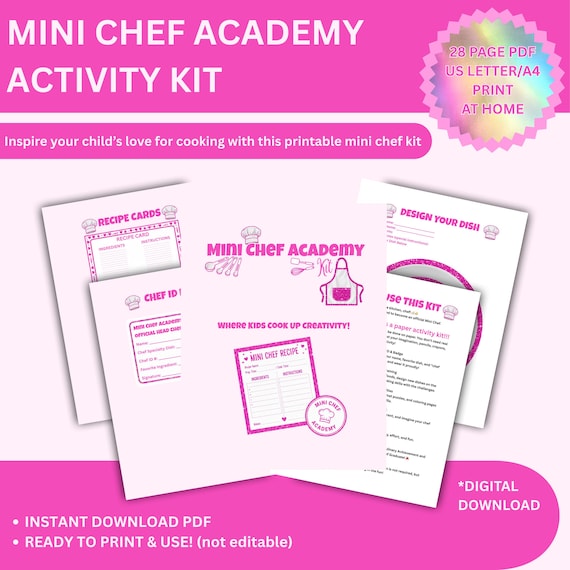 Mini Chef Kit | 28-Page Kids Cooking Activity Book | Printable Kitchen Fun | Recipe Design & Food Challenge Worksheets |Creative Cooking Kit