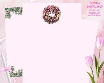 May include: Pink printable stationery with a decorative wreath and a pen with a pink bow. The text "PRINTABLE STATIONERY" is at the top. The text "THIS IS A DIGITAL SHOP YOU WILL NOT RECEIVE ANY PHYSICAL ITEMS" is on the right. The stationery is available in lined, blank, letter, and A4 sizes.