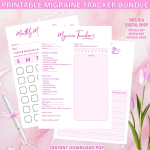 May include: Printable migraine tracker bundle with pink text and design. Includes a monthly tracker, a migraine tracker, and a notes page. A pen with a pink bow is on the left. The text says "Instant Download PDF".