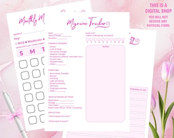Op de afbeelding: Printbare migraine tracker bundel met roze tekst en ontwerp. Bevat een maandelijkse tracker, een migraine tracker en een notitiepagina. Een pen met een roze strik staat links. De tekst luidt "Instant Download PDF".