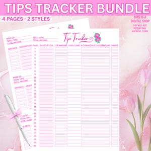 Pode incluir: Pacote de rastreamento de gorjetas rosa e branco com o texto "TIPS TRACKER BUNDLE" e "4 PAGES - 2 STYLES". O design inclui espaços para rastrear gorjetas, renda e datas. Uma caneta com um laço rosa está na imagem.