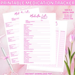 Könnte beinhalten: Druckbare Medikamenten-Tracker-Blätter mit Platz für Medikamentenname, Dosierung, Häufigkeit und Notizen. Die Blätter sind weiß mit rosa Akzenten und Text und enthalten den Text "Instant Download PDF". Ein Stift mit einer rosa Schleife ist ebenfalls sichtbar.