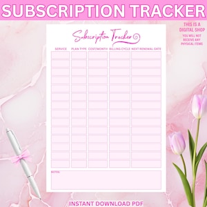 Abonnement-Tracker Printable | Rechnungs- & Zahlungslog | Digitaler Organiser | A4 Letter PDF | Sofortiger Download |Digitaler Abonnement-Tracker PDF