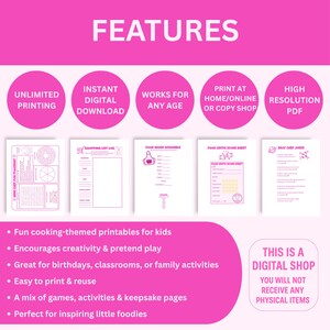 May include: Pink digital printables for kids with cooking-themed games and activities. Includes a placemat, shopping list, word scramble, score sheet, and jokes. Features include unlimited printing, instant download, and high-resolution PDF.
