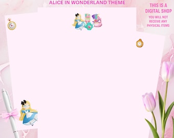 Alice in Wonderland Stationery Set | 4-Page Printable Letter Paper Pack | Blank Lined Grid Dot | Tea Party Theme | Instant Download