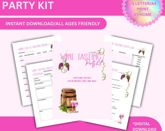 May include: A pink printable wine tasting party kit with the text "Wine Tasting Party Kit". The kit includes a wine list, tasting menu, overview, and guest list. The kit is available for instant download.