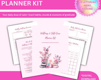 May include: A pink and white wellness and self-care planner kit with the text "Wellness & Self Care Planner Kit". The kit includes printable pages for tracking habits, moods, and gratitude. The image also includes the text "Instant Download PDF" and "Ready to Print & Use!"