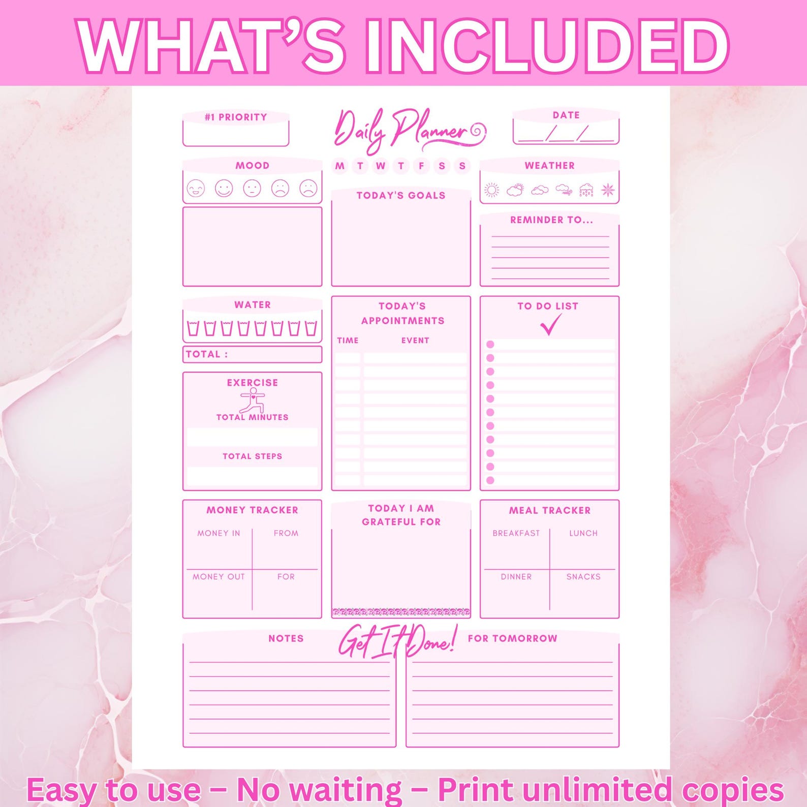 Pink Daily Planner Printable | 1 Page PDF | Letter A4 A5 Sizes | Top ...
