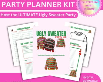 May include: A pink and white digital download party planner kit for an ugly sweater party. The kit includes printable pages for a guest list, snacks, and activities. The text includes "Ugly Sweater Party Planner Kit" and "Digital Download".