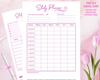 May include: Printable study planner with a pink and white design. The planner includes sections for subjects, topics, goals, and a to-do list. The text "Study Planner" is written in a cursive font. The image also includes the text "Instant Download PDF".