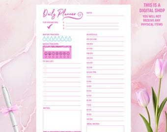 May include: A printable daily planner with a pink and white design. The planner includes sections for top priorities, a water tracker, a mood tracker, a to-do list, and a schedule from 5:00 AM to 10:00 PM. The text "PRINTABLE DAILY PLANNER" is at the top.